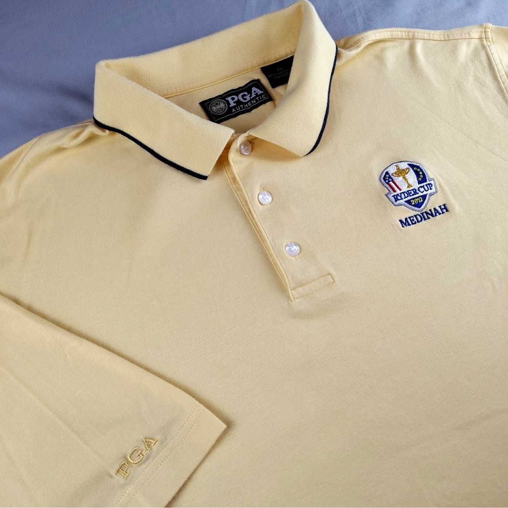 PGA Authentic Polo Shirt Mens XL Yellow Ryder Cup 2012 Medinah Golf Cotton Logo
